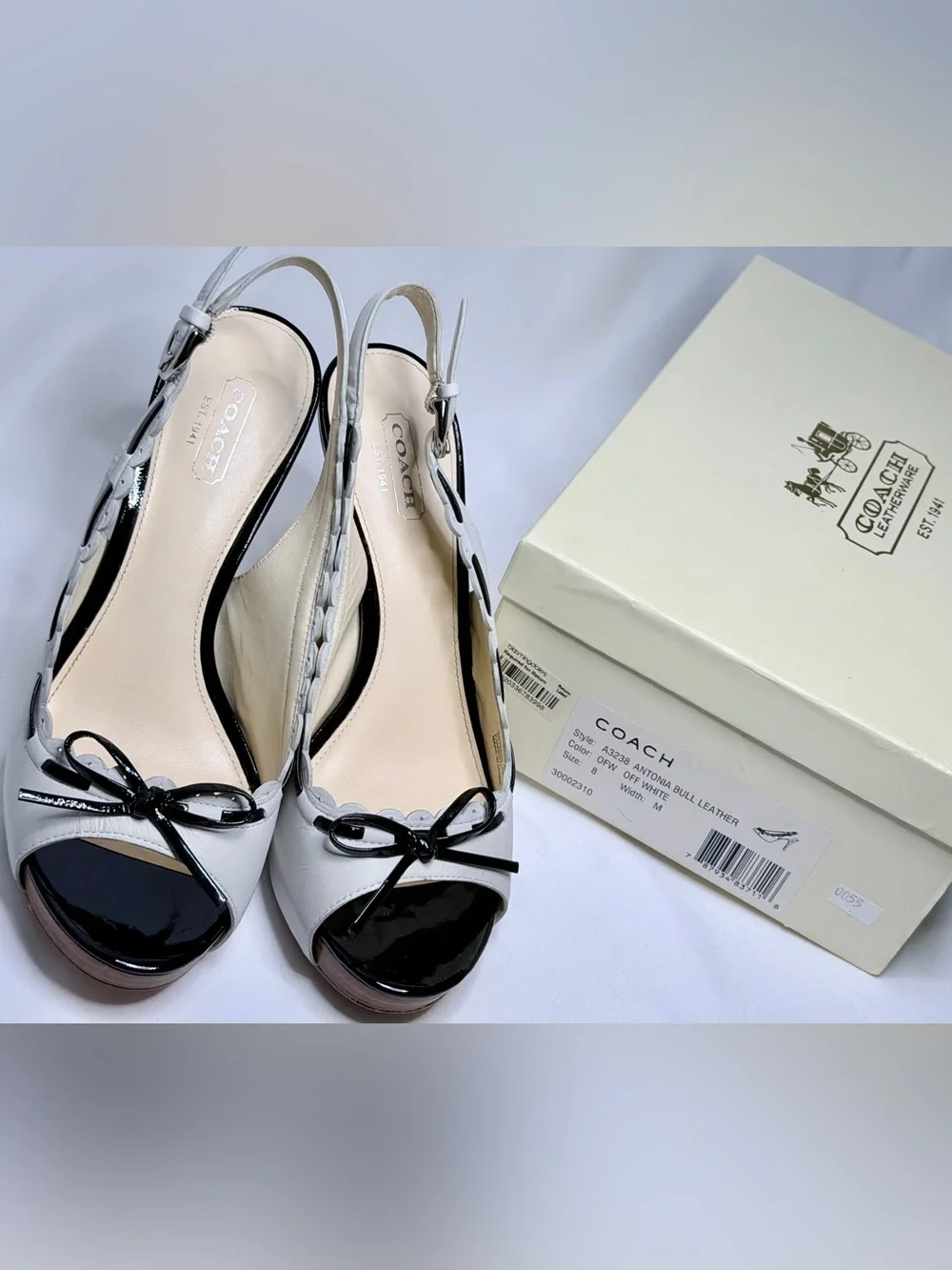 Coach Vintage Antonia Leather Bow Platform Slingback Stiletto Heels Off White 8M
